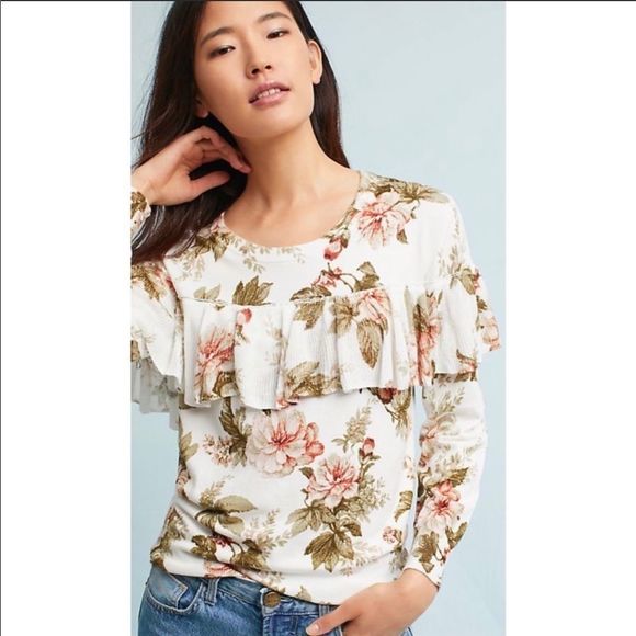 Anthropologie Harlyn Ritchie Floral Ruffle Sweater - Picture 4 of 16